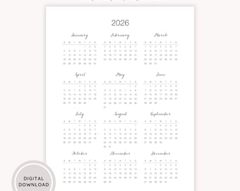 Kalendarz roczny na rok 2026 do druku: Przegląd na jednej stronie (formaty PDF, PNG, A4, A5, Letter)