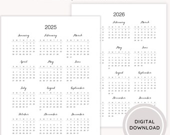 Kalendarz roczny 2025-2026 do druku: Przegląd na jednej stronie (A4, A5, Letter, PDF)