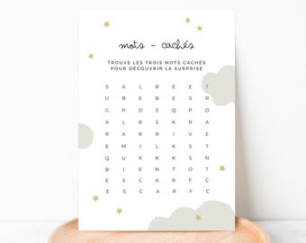 Word search card hidden words - Baby coming soon - Pregnancy baby announcement - Grandparents announcement - Baby announcement game