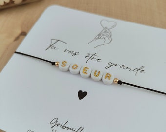 Bracelet tu vas être grande soeur, bracelet lettres soeur, annonce grossesse grande soeur, cadeau future soeur