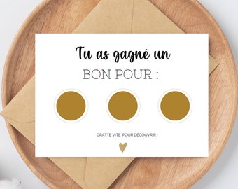 Bon cadeau personnalisable, carte à gratter - Bon pour cadeaux, repas, surprises couples, anniversaires, fêtes, saint-valentin