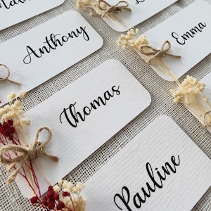 Marque place, placement table, mariage, évènement, marque place fleuris, fleurs séchées, mariage bohème / Livraison offerte