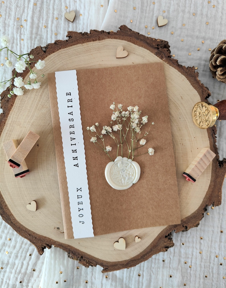 Personalized Flower Card - Dried Flowers, Wax Bucket and Stamped Letters - Birthday, Valentine's Day, Love - Handmade image 3