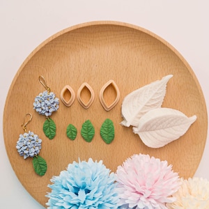 Hydrangea Leaf Mold & Cutter Set – 3 Sizes Polymer Clay Leaf Cutters + Silicone Vein Mold for Flower Earring Making