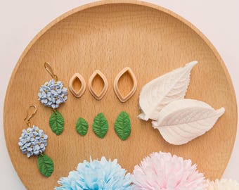 Hydrangea Leaf Mold & Cutter Set – 3 Sizes Polymer Clay Leaf Cutters + Silicone Vein Mold for Flower Earring Making