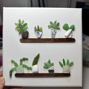 May include: A white canvas with two wooden shelves, each displaying a collection of small potted plants made from green and white sea glass.