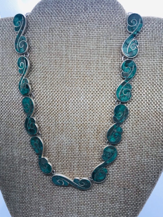 Silver Vintage Mosaic Turquoise Handmade 16” Neck… - image 4