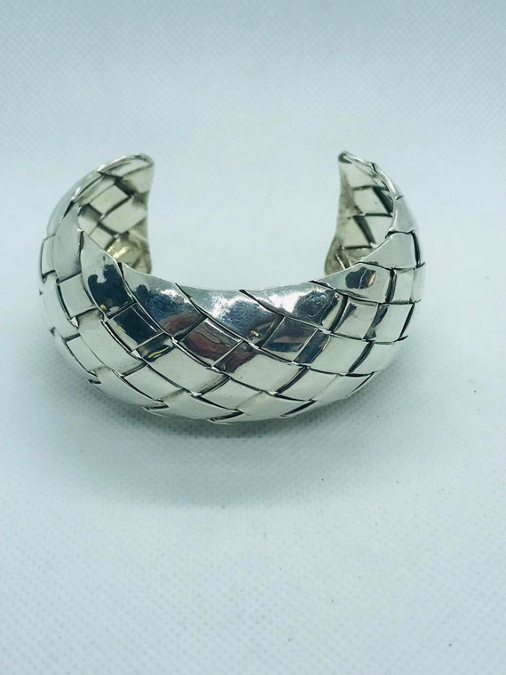 Sterling Silver Vintage Heavy Woven Concave Dome … - image 3