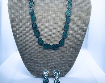 Silver Vintage Mosaic Turquoise Handmade 16” Necklace & Earrings Set