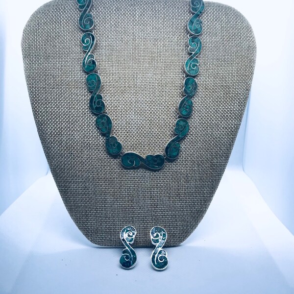 Silver Vintage Mosaic Turquoise Handmade 16” Necklace & Earrings Set