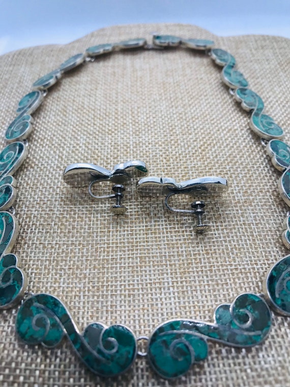 Silver Vintage Mosaic Turquoise Handmade 16” Neck… - image 5