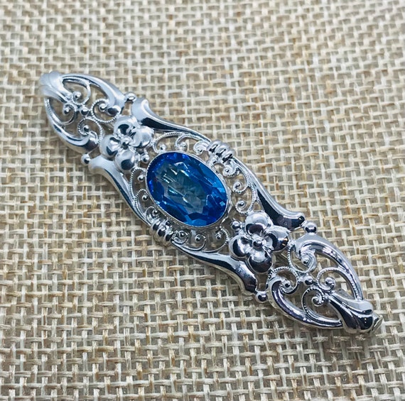Silver Art Deco Synthetic Blue Stone Brooch - image 2