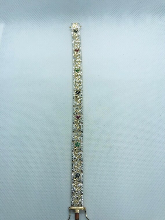 Silver Gold Plated Floral Bracelet, Ruby, Emerald… - image 7