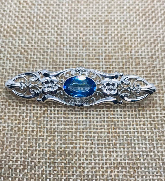 Silver Art Deco Synthetic Blue Stone Brooch - image 1