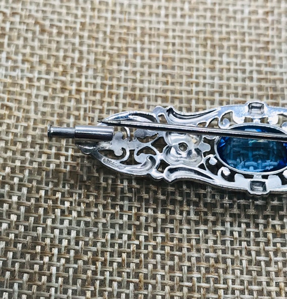 Silver Art Deco Synthetic Blue Stone Brooch - image 4