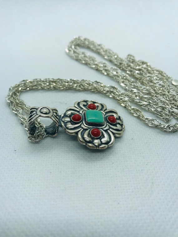 Sterling Silver, Vintage Oxidized Coral & Green T… - image 3