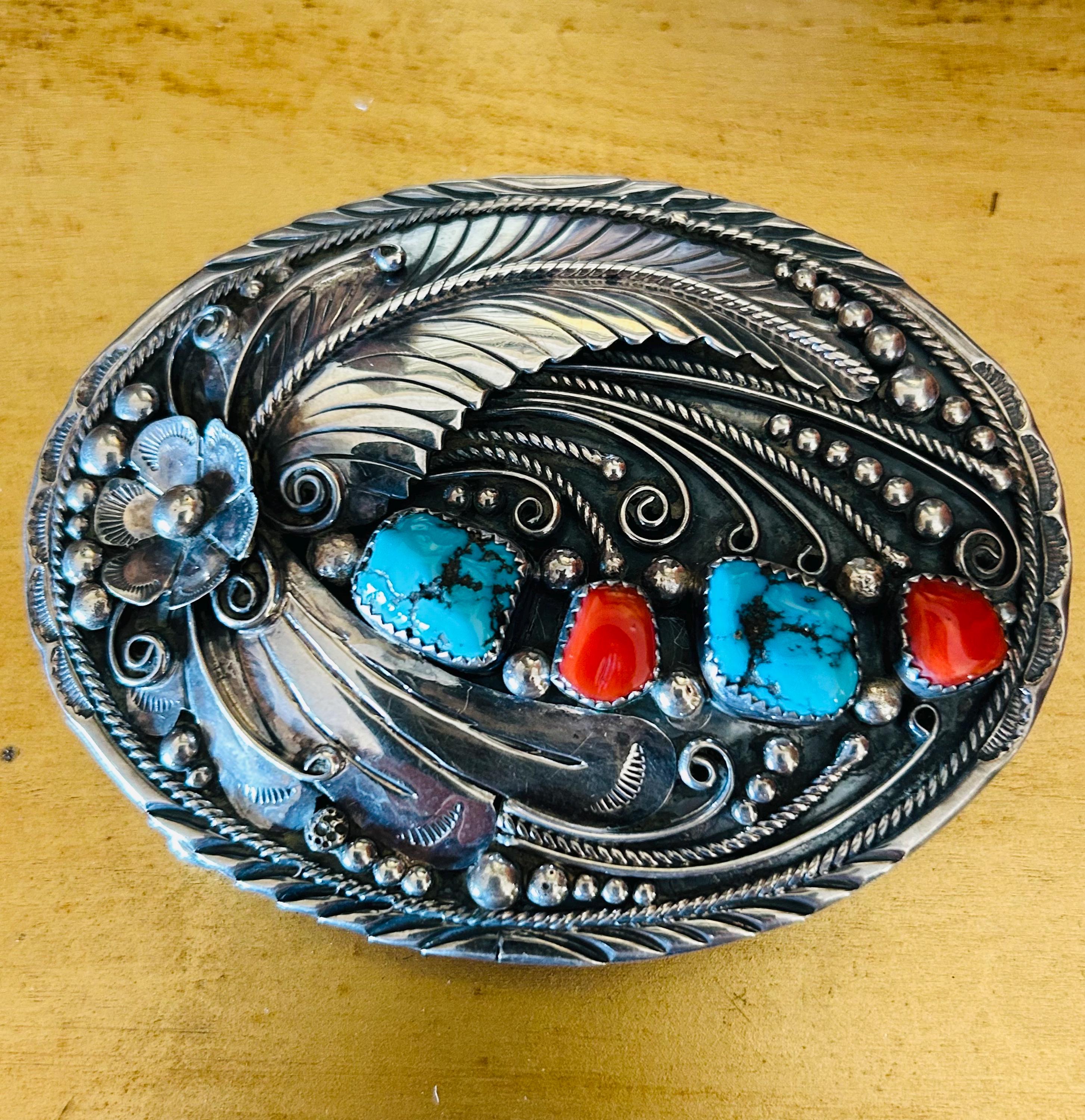 Vintage Navajo Turquoise Coral Sterling Silver Belt Buckle  display picture 1