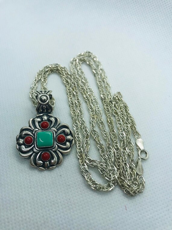Sterling Silver, Vintage Oxidized Coral & Green T… - image 2