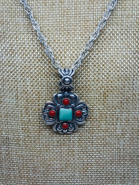 Sterling Silver, Vintage Oxidized Coral & Green T… - image 1