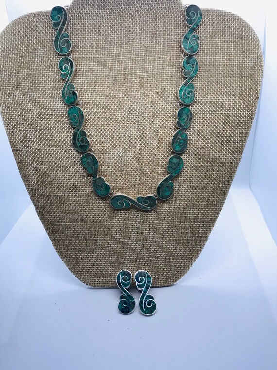 Silver Vintage Mosaic Turquoise Handmade 16” Neck… - image 3