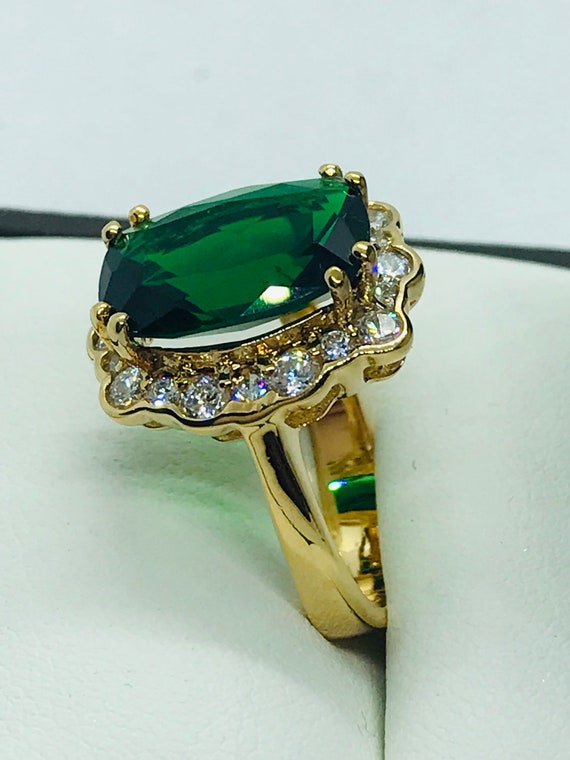 Gold Plated Silver Oval Green Synthetic Stone & C… - image 3
