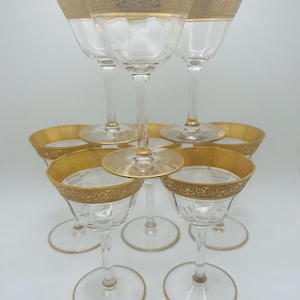 Tiffin Franciscan Minton Optic Sherry Glasses, 22 Karat Gold Encrusted Rim & Foot - Set Of Eight - 4” Tall - 2 Fluid Ounces