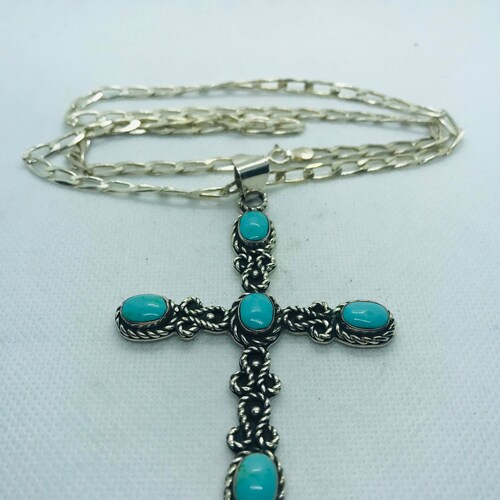 Silver Vintage Oxidized Ornate Large Turquoise Cross Pendant shops With 24” Long, 4.35MM Figaro Chain