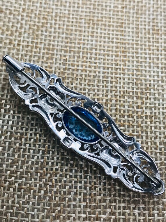 Silver Art Deco Synthetic Blue Stone Brooch - image 3