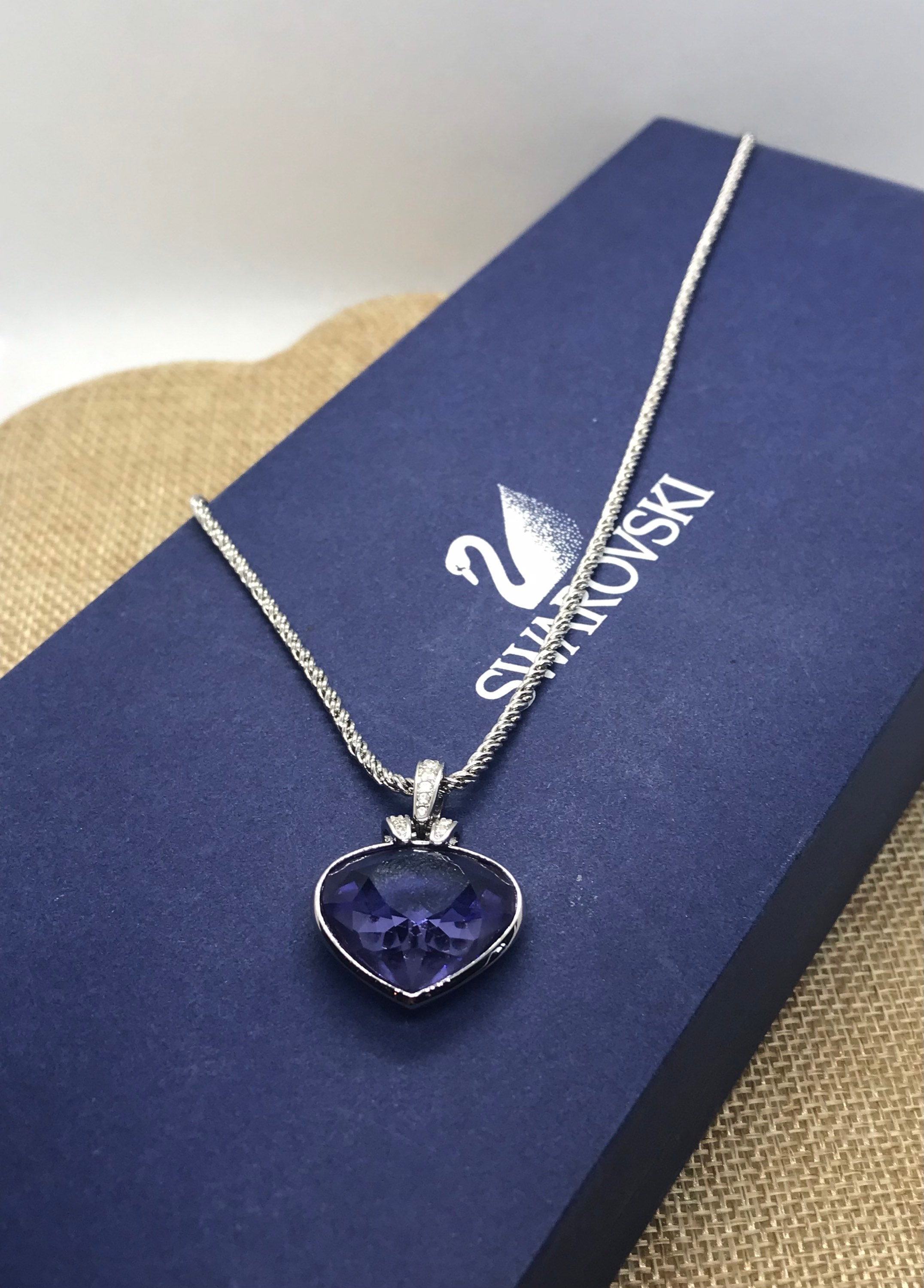 Silver Plated Swarovski Purple White Crystal Heart Pendant With 16 Wheat Style Link Chain Etsy
