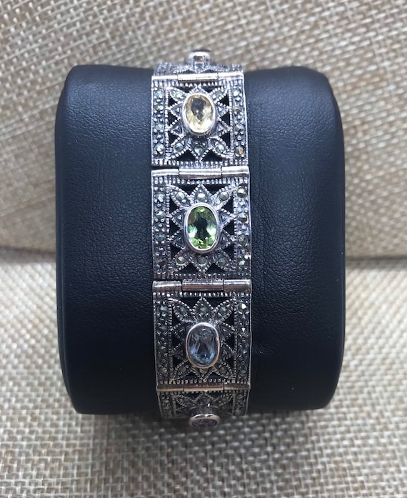 Silver Art Deco Multi Color Stone Marcasite 7.5” … - image 1