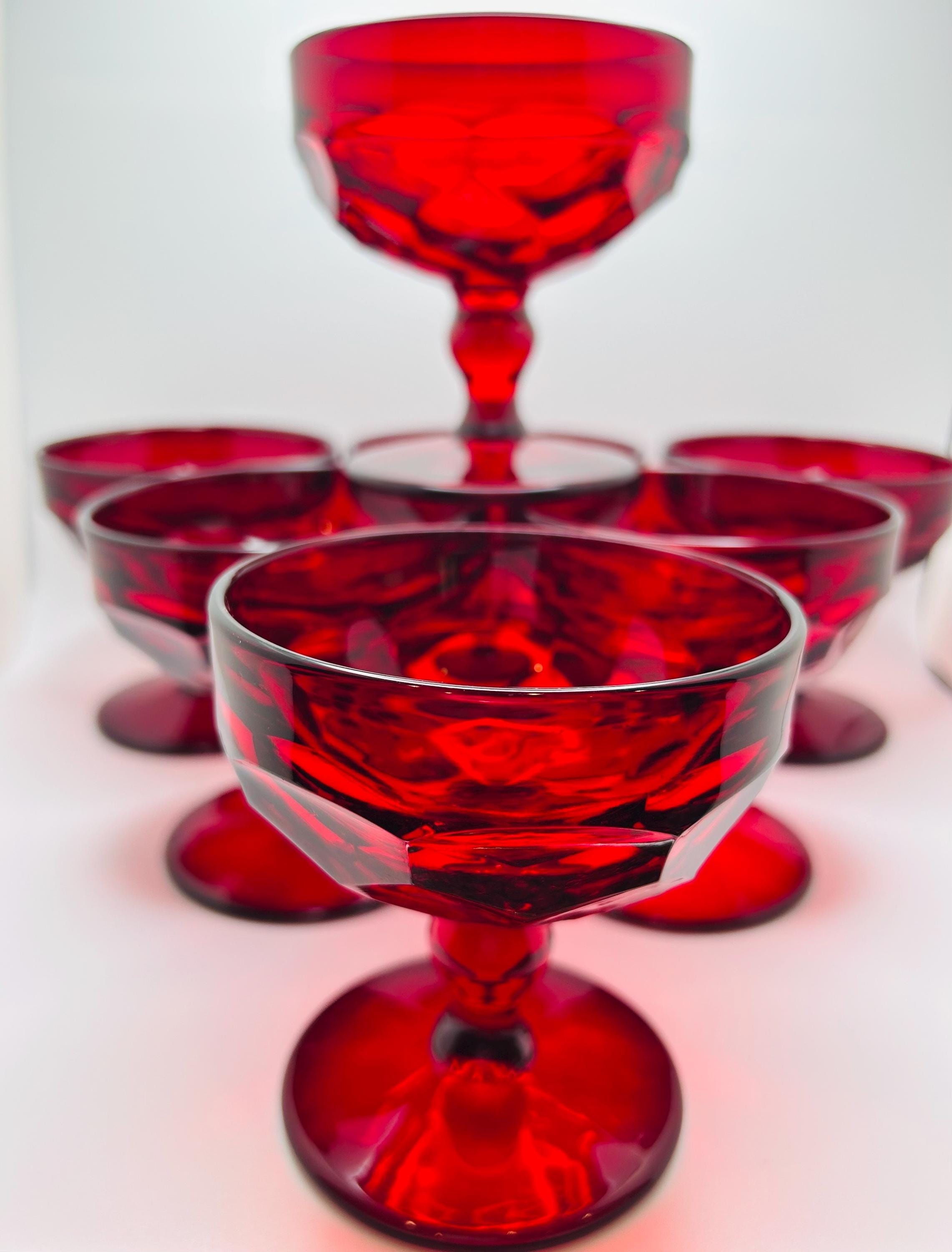 Paden City Glass Manufacturing Company, Crystal Glass, Rare, Ruby Red Georgian Amberina Pattern Champagne Coupes - Set Of 7 - 3.75” Tall