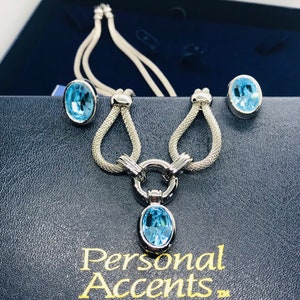 Aqua Color Synthetic “Amway Personal Accents” Silver Plated 18” Long Double Strand Necklace With Push Back Earrings