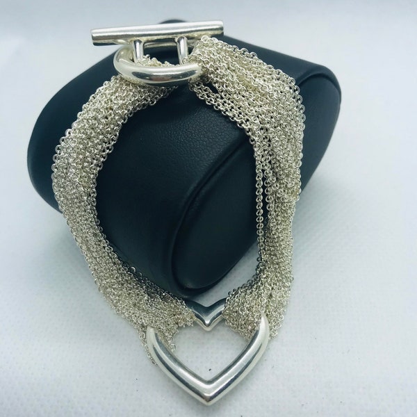 Tiffany & Co. 7 1/2” Long Silver Ten Strand Cable Chain Heart Toggle Bracelet