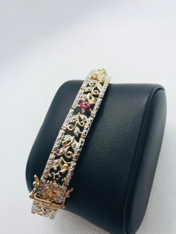 Silver Gold Plated Floral Bracelet, Ruby, Emerald… - image 3