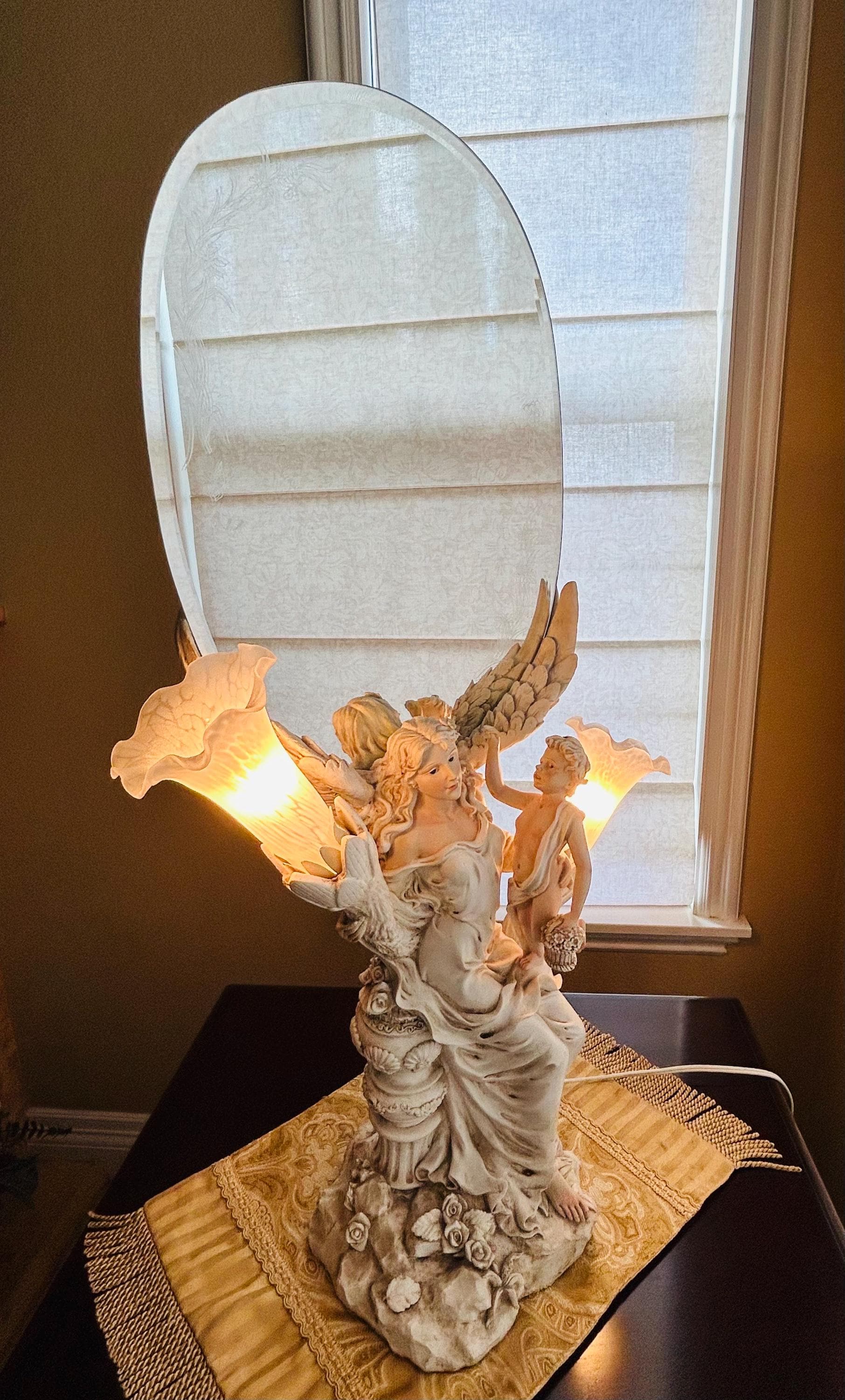Vintage Resin Angel Lamp With Calla Lily Shades & Etched Vanity