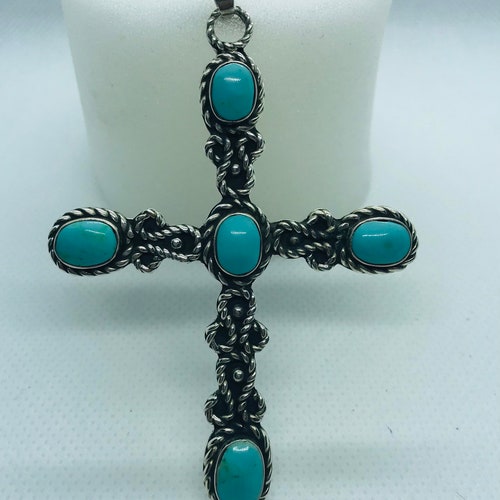 Silver Vintage Oxidized Ornate Large Turquoise Cross Pendant shops With 24” Long, 4.35MM Figaro Chain