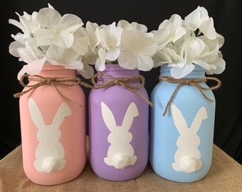 Spring Mason Jar Set/Easter/Bunnies/Bunny/Pastels/Purple/Pink/Blue/White/Easter Bunnies/Centerpiece/Home Decor/Mason Jars/Flowers/Vases/Jars