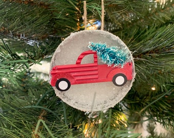 Red Truck Ornaments - Set of 3/Christmas Tree/Christmas Decor/Holiday/Christmas/Red Truck/Red/Green/Snow/Mason Jar Lids/Gifts/Handmade/Tree