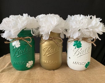St. Patrick’s Day Mason Jar Set/Green/White/Gold/Orange/Shamrocks/Home Decor/St.Patrick’s Day Decor/St. Patty’s/Mason Jars/Centerpiece/Flowe