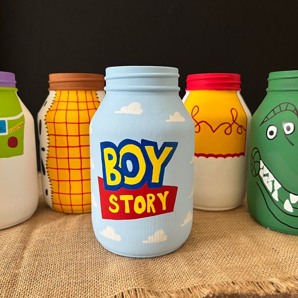 Baby Shower Mason Jar Set/Toy Story/Boy Story/Woody/Jessie/Buzz Lightyear/Rex/Centerpieces/Utensil Holders/Baby Shower/Birthday Party/Kids