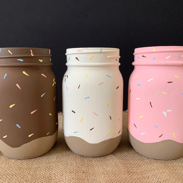 Summer Mason Jar Set/Doughnuts/Coffee/Sprinkles/Pink/Blue/Tan/Brown/Yellow/Doughnut/Mason jar/Sweets/Centerpieces/Birthday/Party