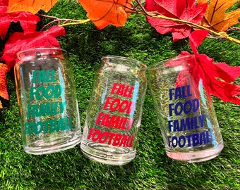 Football Drinking Glass/Fall/Family/Beer can glass/Mason Jars/Home Decor/Gifts for him/Gifts for her/Husband/Wife/Football Season/Beer/Drink