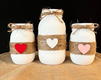 Valentines Day Mason Jars/Valentines Day Decor/Valentine/Hearts/Gifts for her/Wife/Husband/Gifts for him/Valentines Day Gifts/Red Hearts