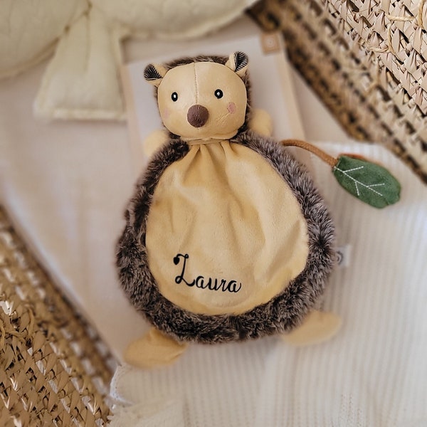 Schnuffeltuch mit Namen, Baby Knistertuch Igel personalisierbar, Igelkissen, Geschenk zur Geburt, Geburtstag, Taufe, Bieco, Schmusetuch