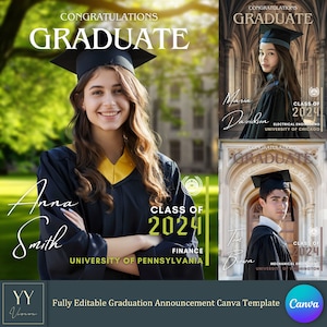 Plantilla de Canva para anuncio de graduación con tutorial para carteles, retratos, texto de fondo personalizable y editable en color