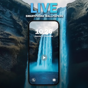 May include: A smartphone displaying a live wallpaper of a waterfall cascading down a rocky cliff. The time is 10:26 and the date is Saturday, 21 September.