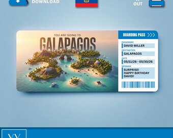 May include: A digital boarding pass gift ticket for a trip to the Galapagos, featuring an illustration of tropical islands with volcanoes, beaches, and boats. The text reads YOU ARE GOING TO GALAPAGOS, PASSENGER DAVID MILLER, and SURPRISE! HAPPY BIRTHDAY DAVID!