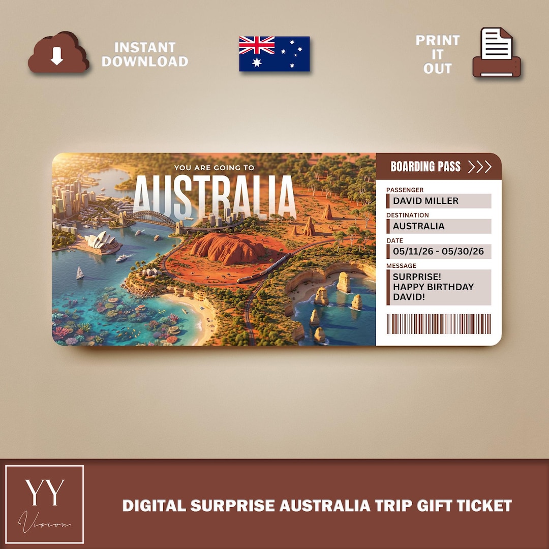 Printable AUSTRALIA Surprise Ticket | Editable Boarding Pass | Vacation ...