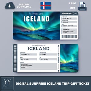 Billet surprise ISLANDE imprimable V3 | Carte d'embarquement modifiable | Cadeau de vacances | Billet de voyage numérique personnalisable pour toutes les occasions