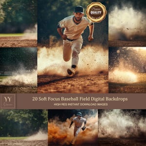 May include: 20 digital baseball field backdrops with a soft focus effect. The backdrops feature a baseball player running on a dirt field with dust and dirt flying up behind him. The backdrops are high resolution and perfect for adding a realistic touch to your photos.